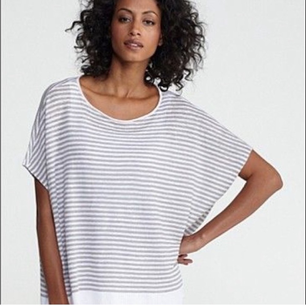 NWT Eileen Fisher Petite Large Linen Bateau Neck Striped Boxy Top S3LWT-W2244